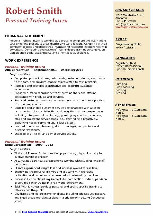Personal Training Intern Resume Samples QwikResume