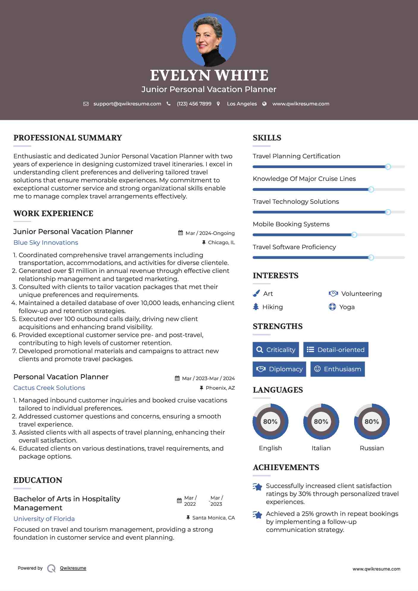 Junior Personal Vacation Planner Resume Sample