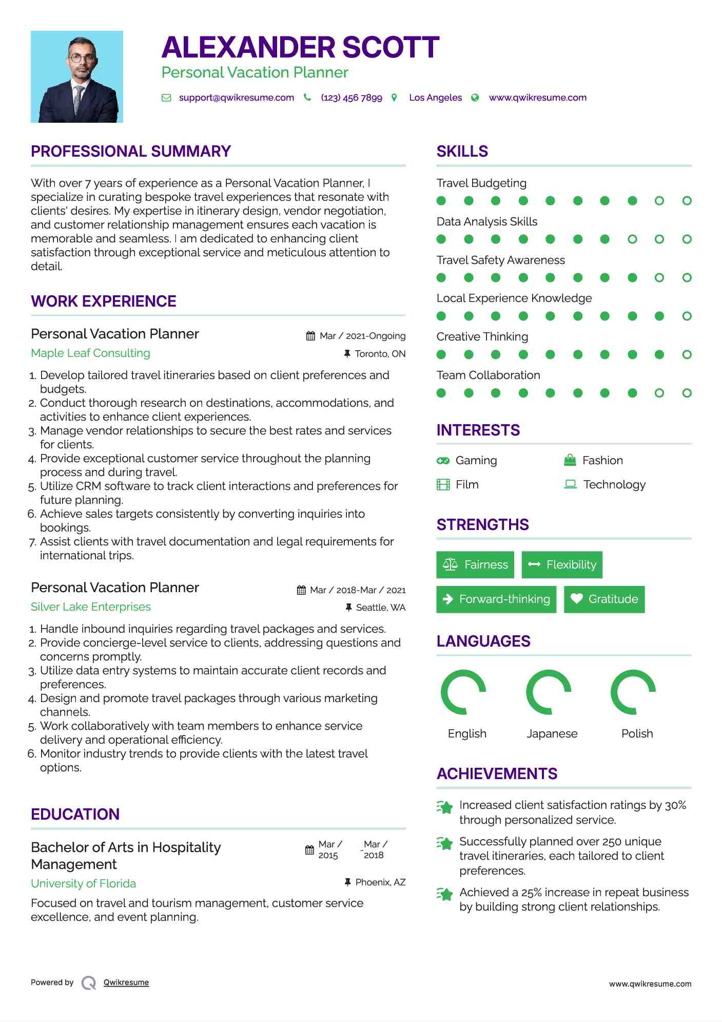 Personal Vacation Planner Resume Example
