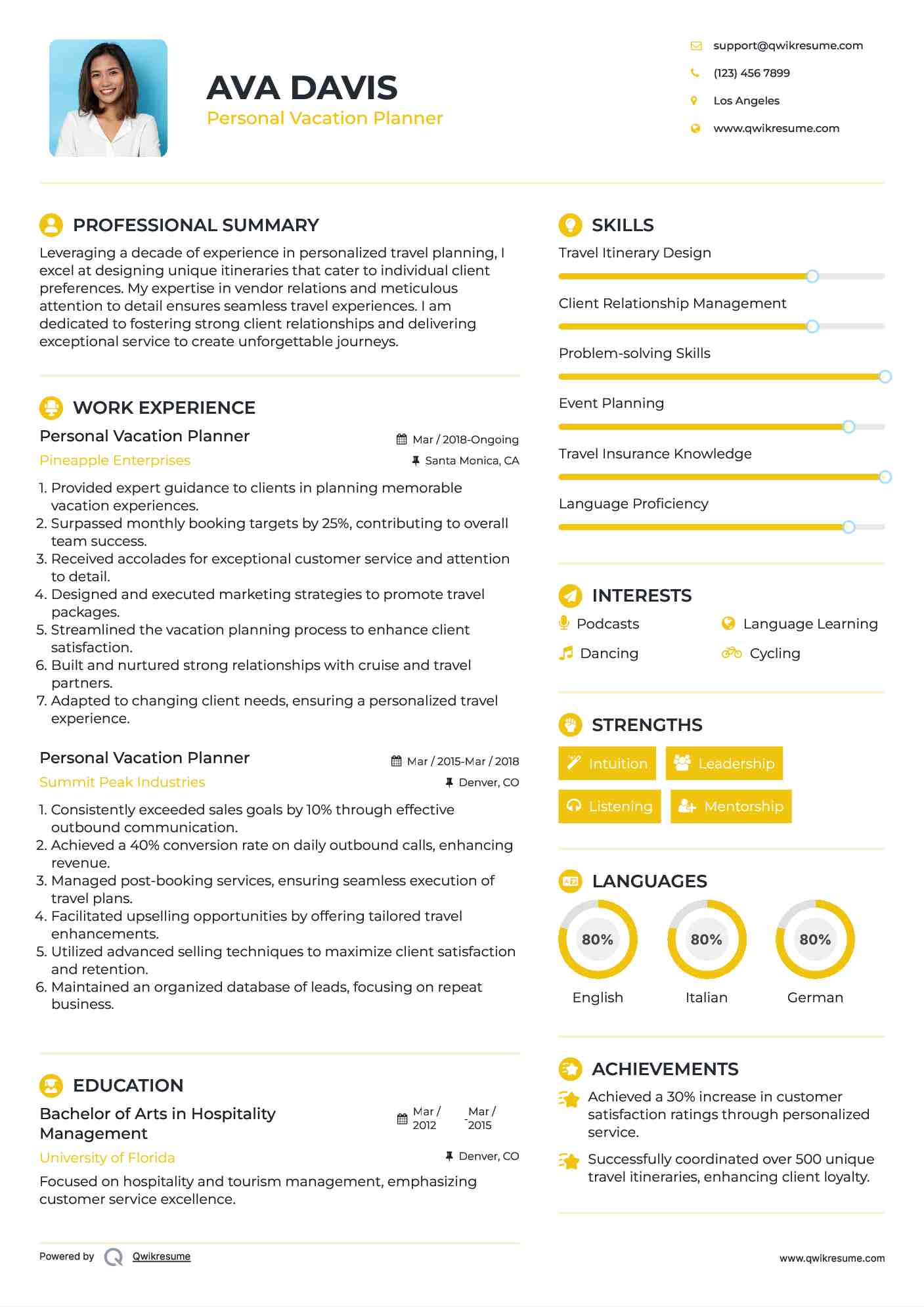 Personal Vacation Planner Resume Example