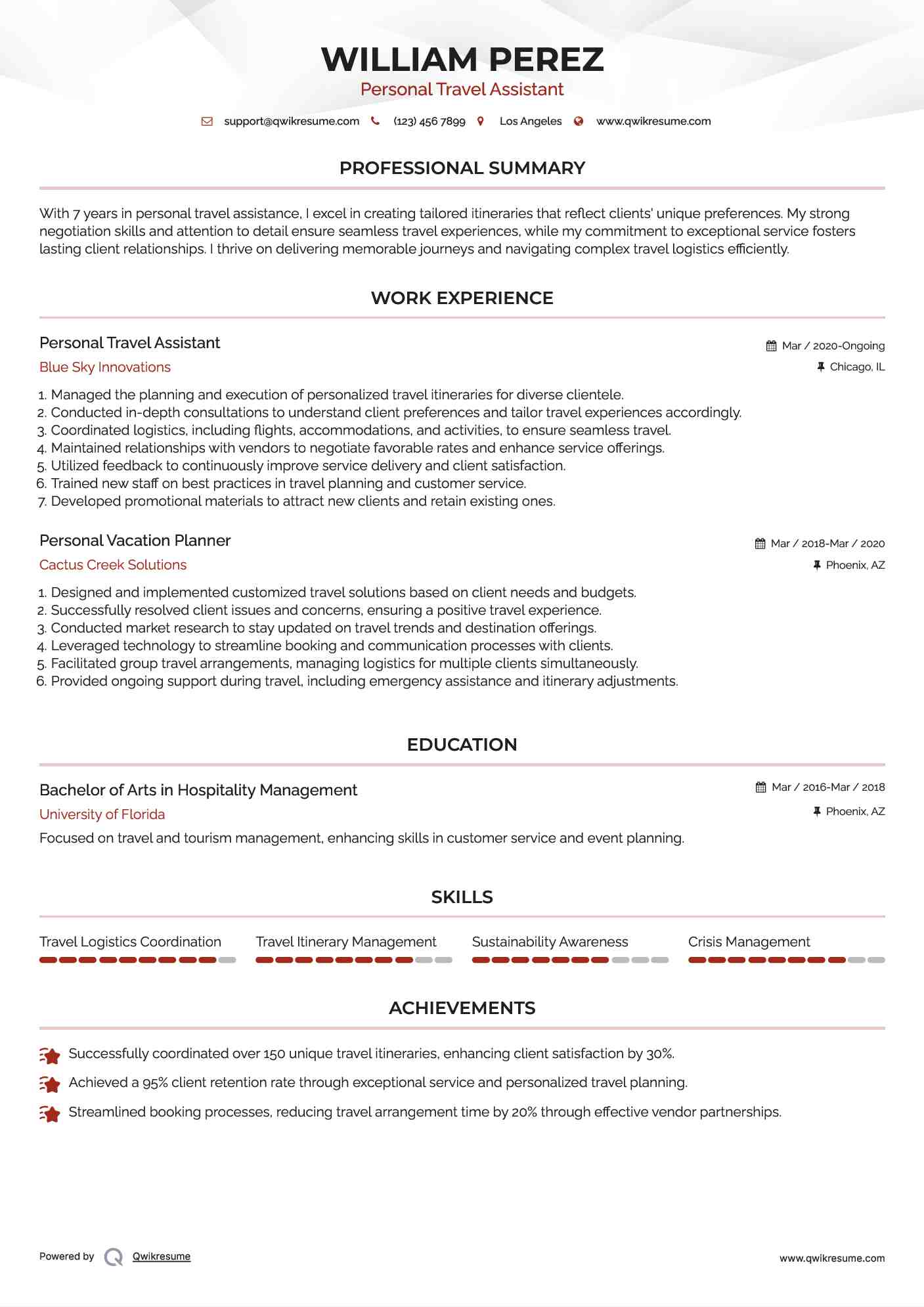 Personal Travel Assistant Resume Format