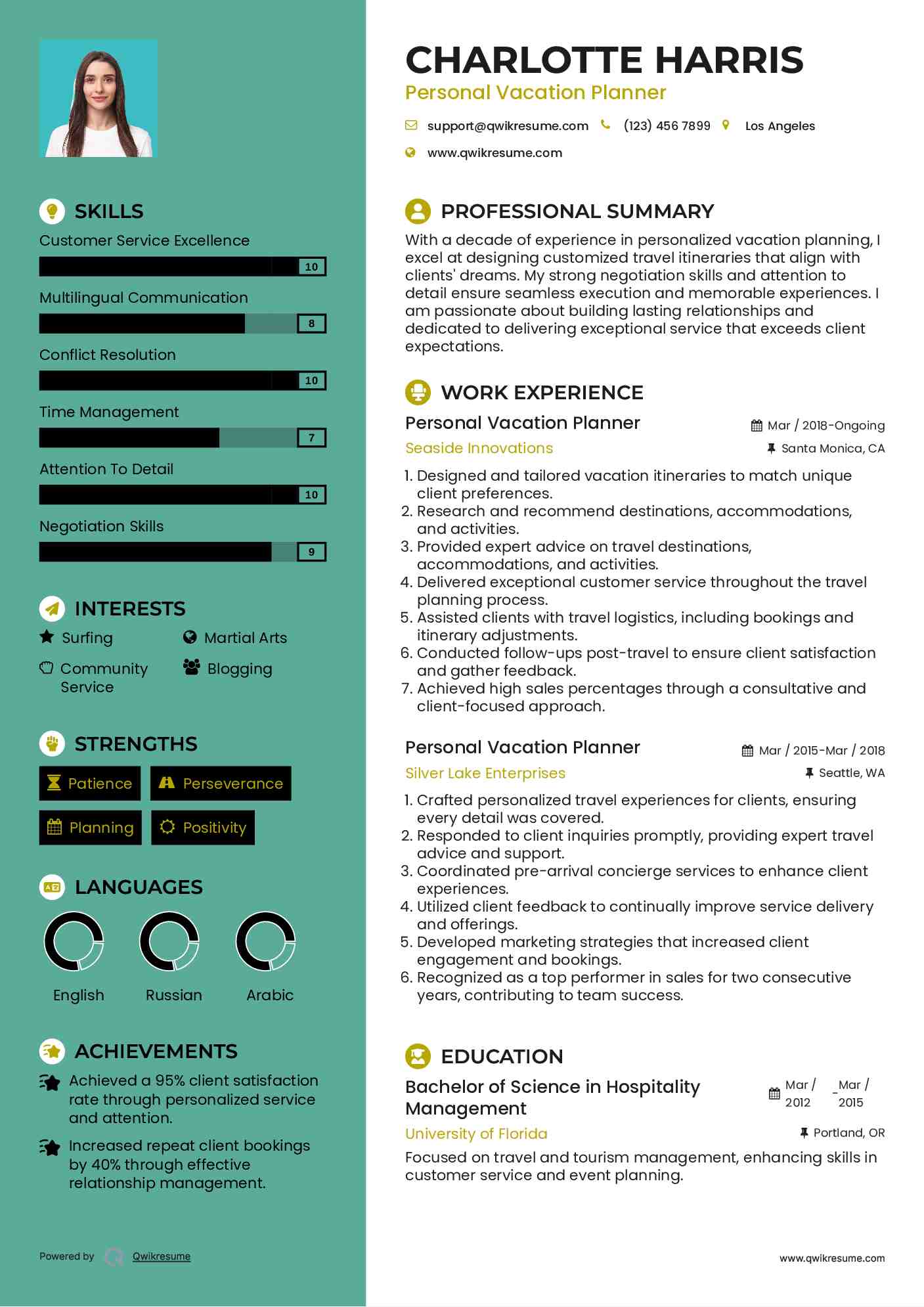 Personal Vacation Planner Resume Sample