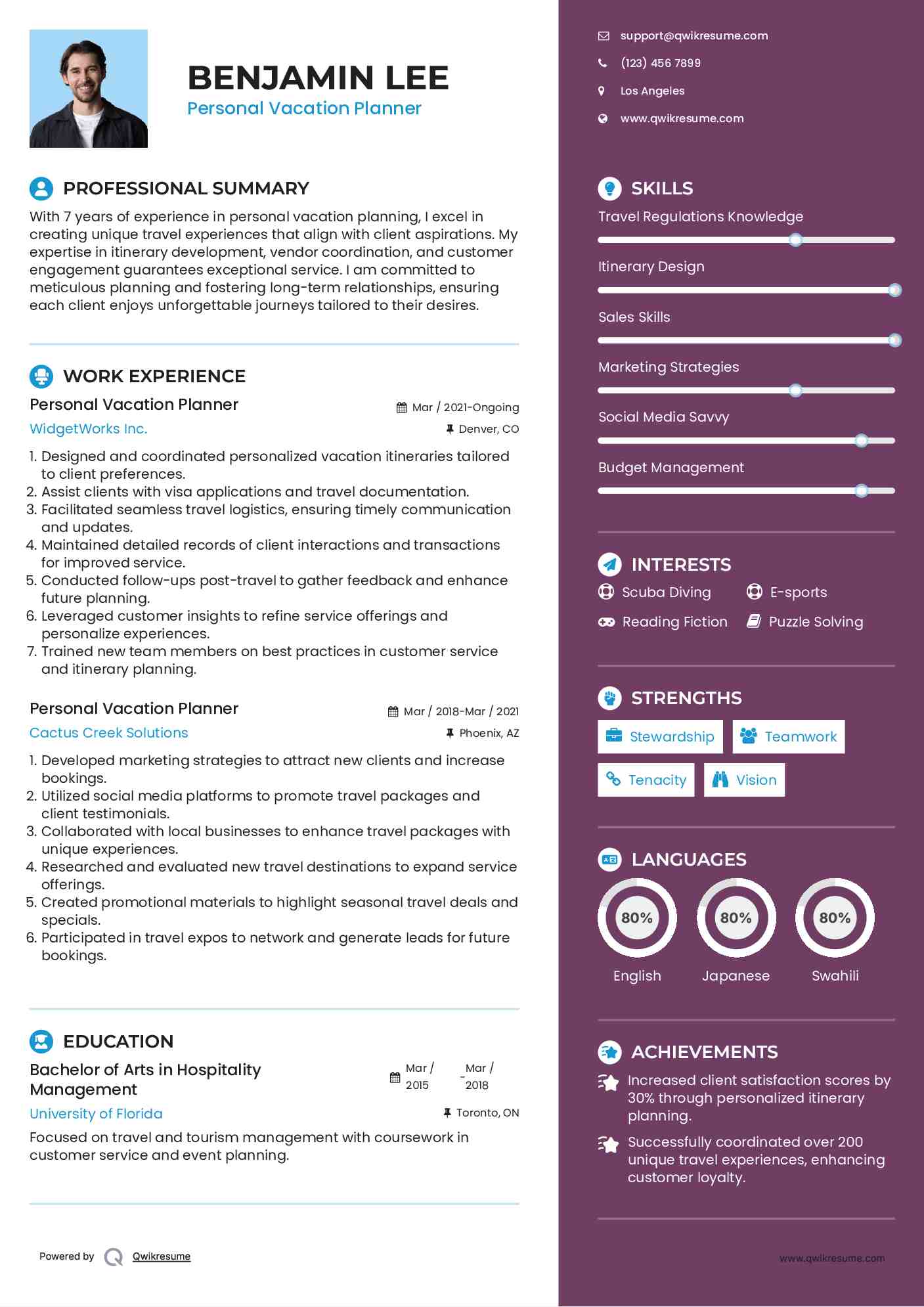 Personal Vacation Planner Resume Example