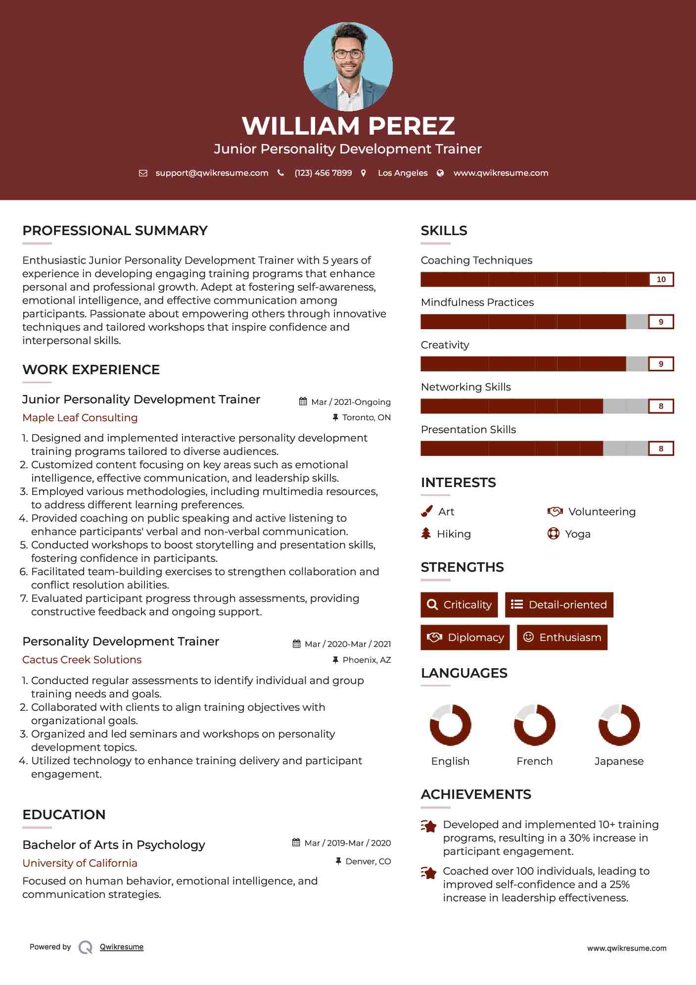 Junior Personality Development Trainer Resume Example