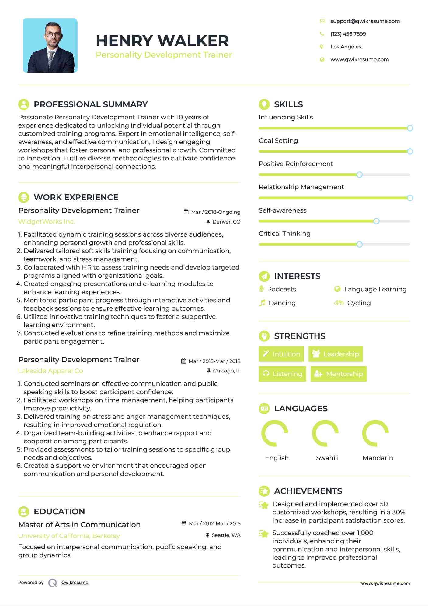 Personality Development Trainer Resume Model