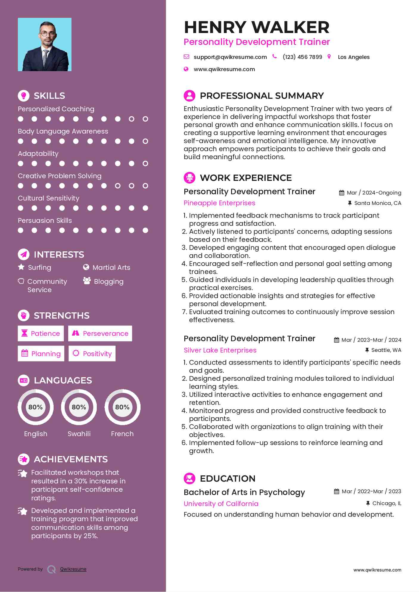 Personality Development Trainer Resume Sample