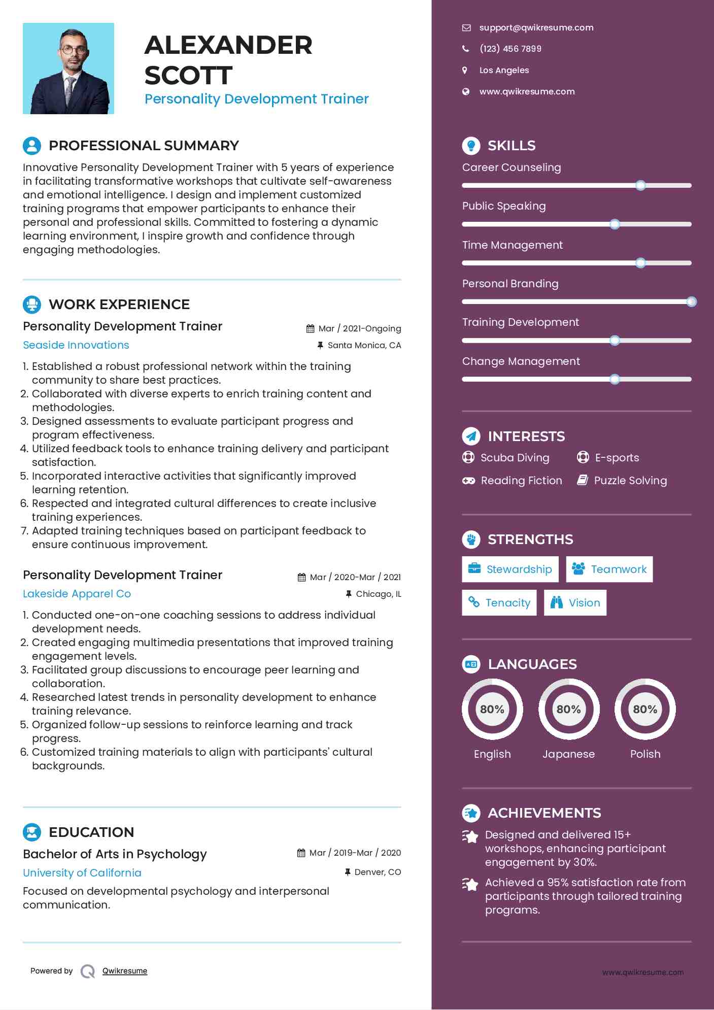 Personality Development Trainer Resume Example