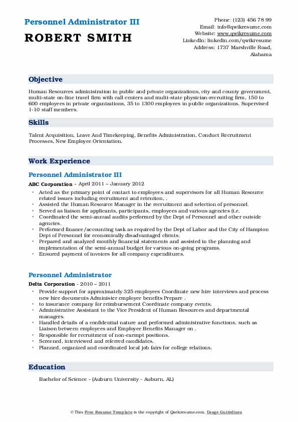 Personnel Administrator Resume Samples QwikResume