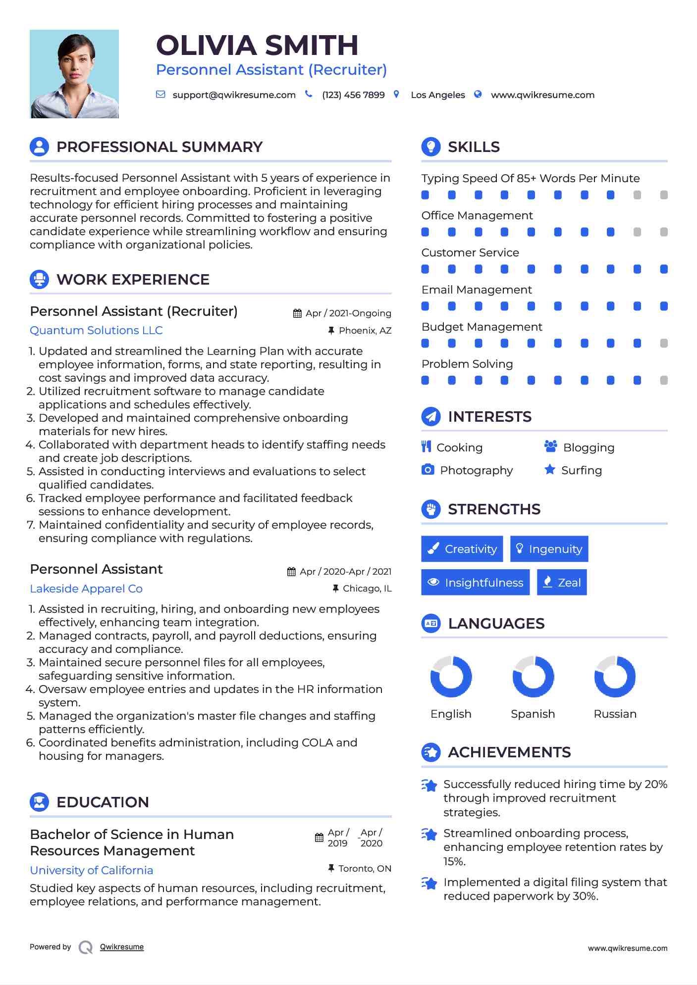 Personnel Assistant (Recruiter) Resume Example