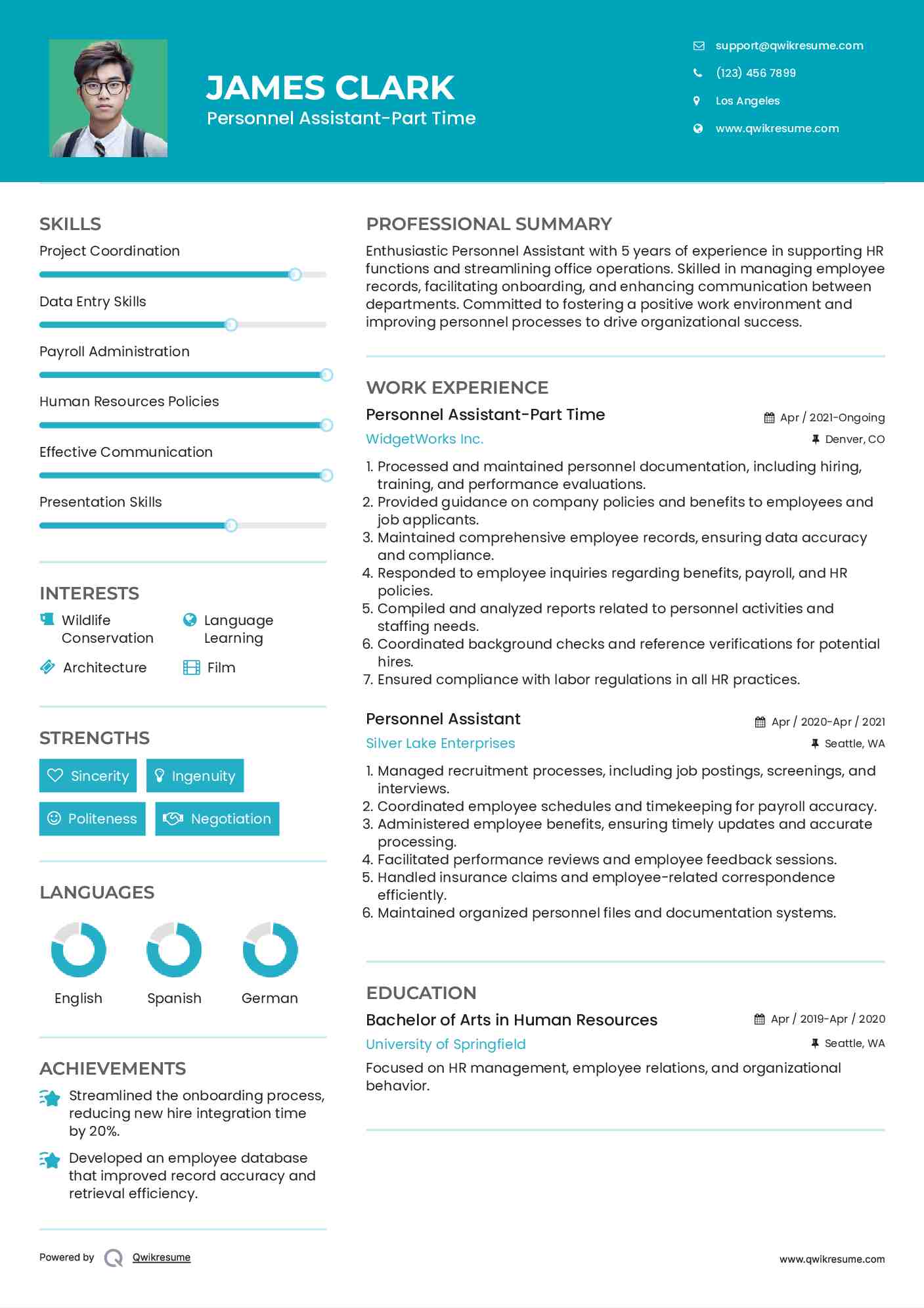 Personnel Assistant-Part Time Resume Model