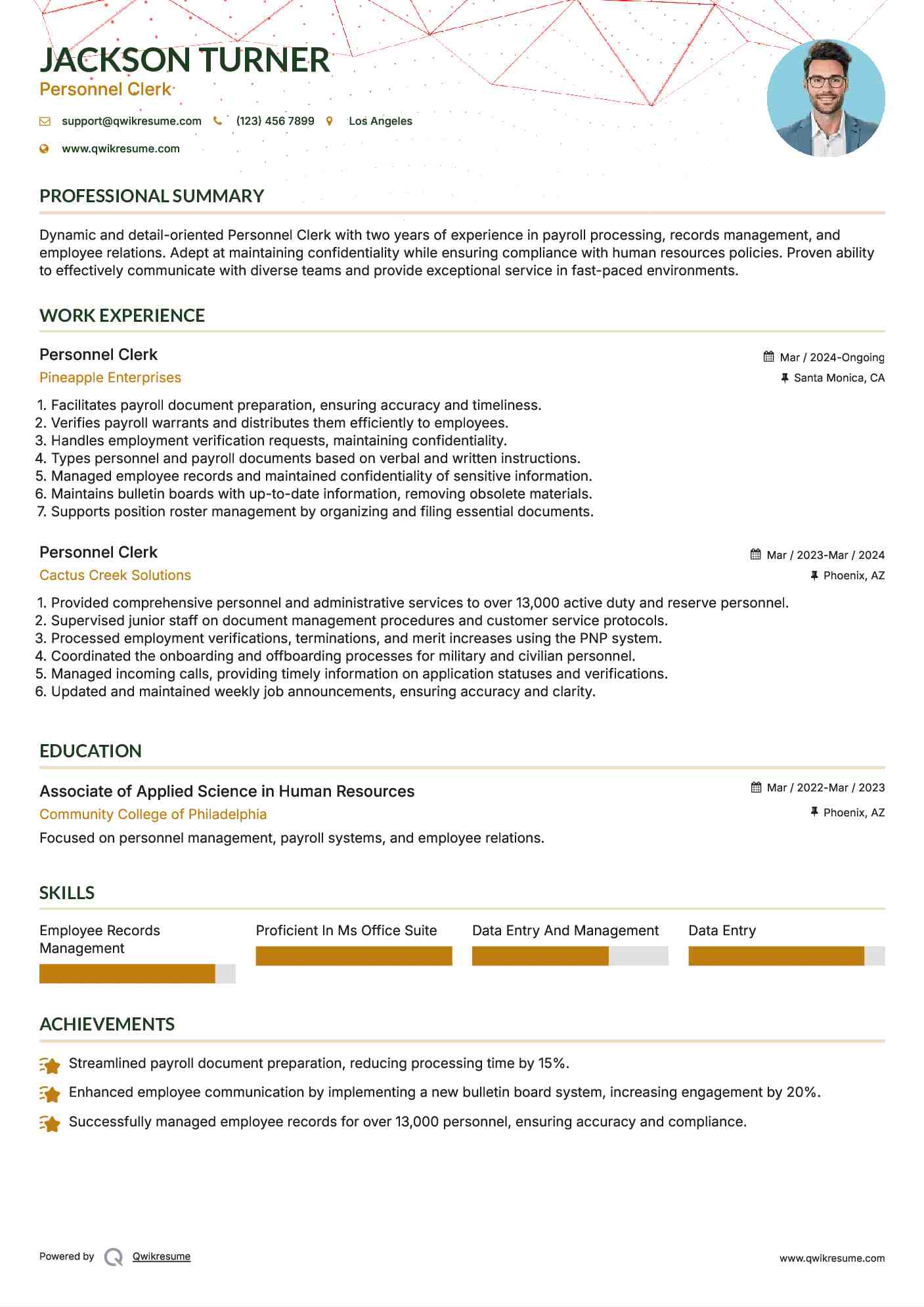 Personnel Clerk Resume Example
