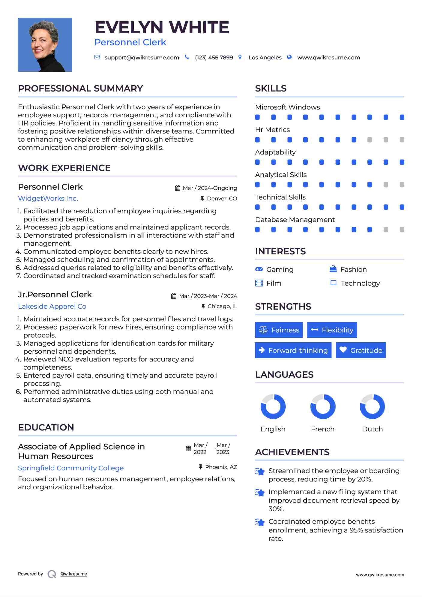 Personnel Clerk Resume Format