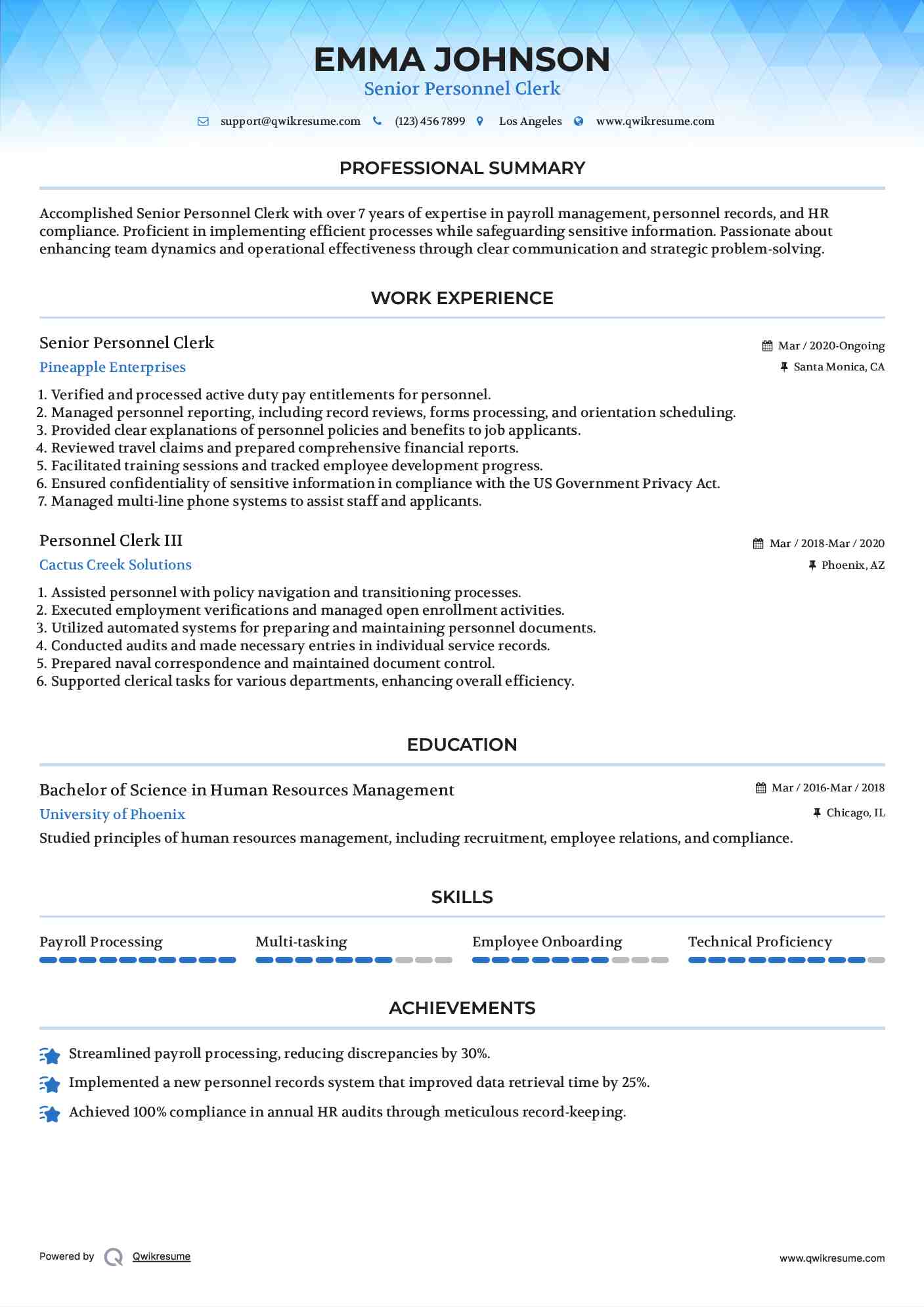 Senior Personnel Clerk  Resume Sample