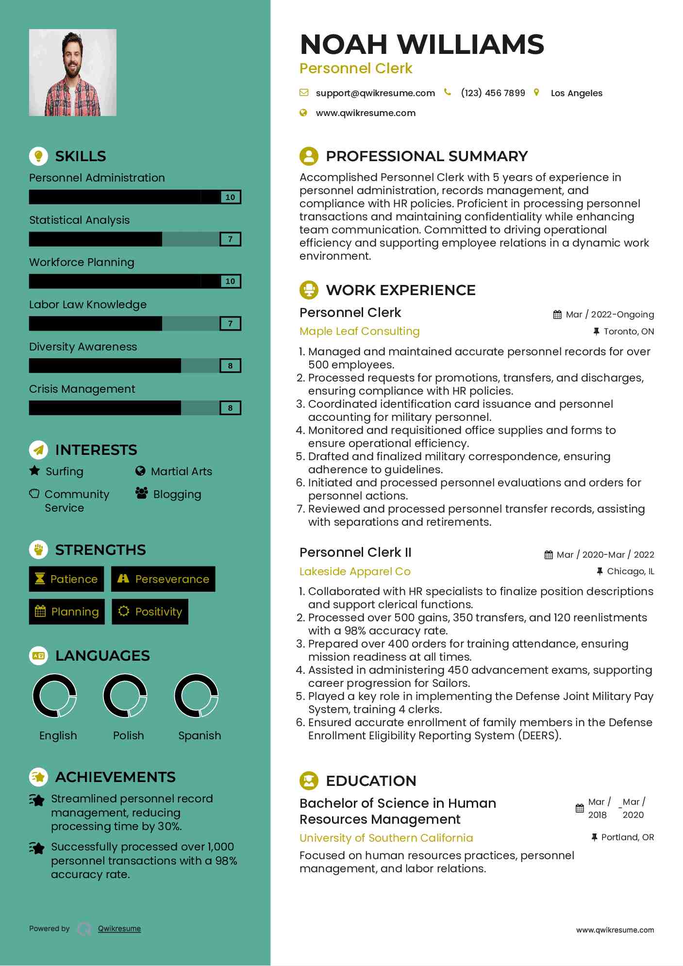Personnel Clerk Resume Sample
