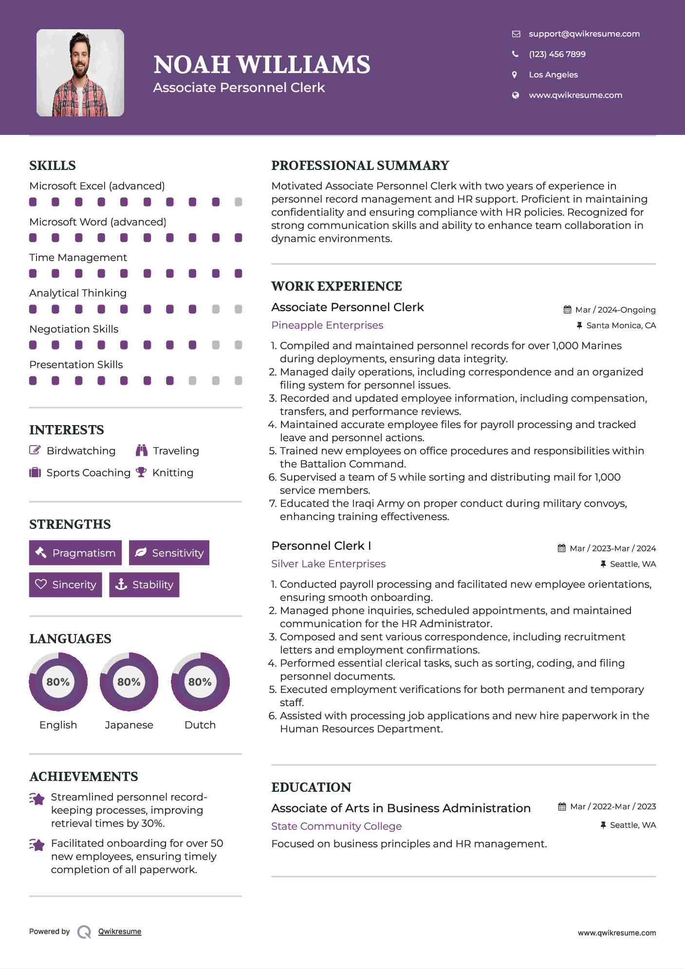 Associate Personnel Clerk  Resume Format