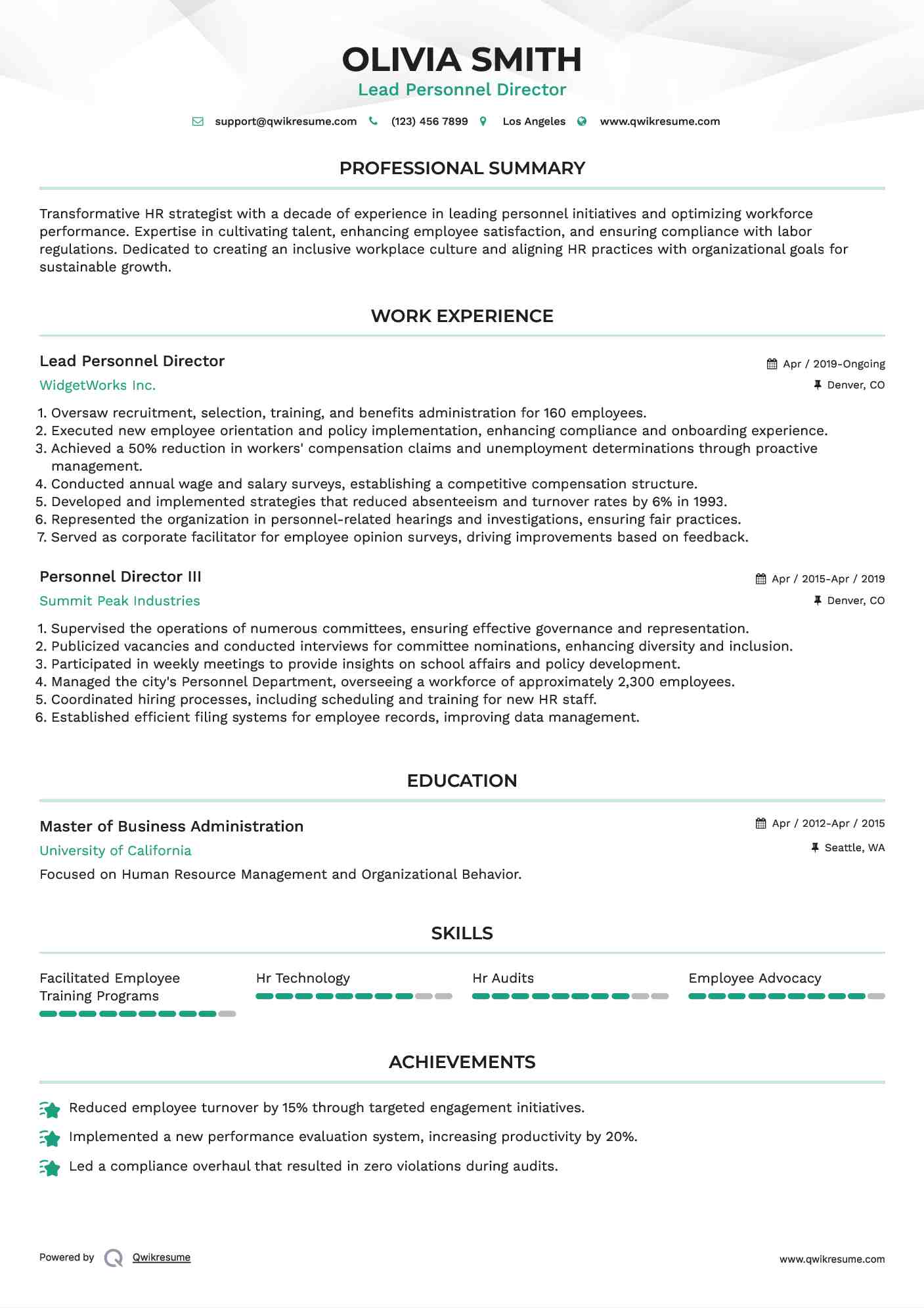 Lead Personnel Director Resume Model