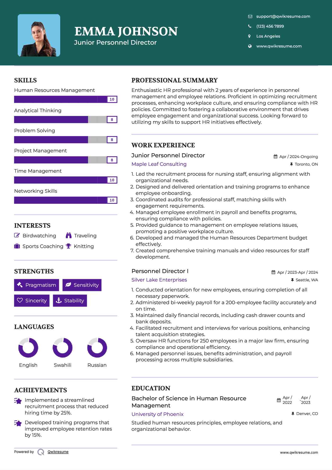 Junior Personnel Director Resume Sample