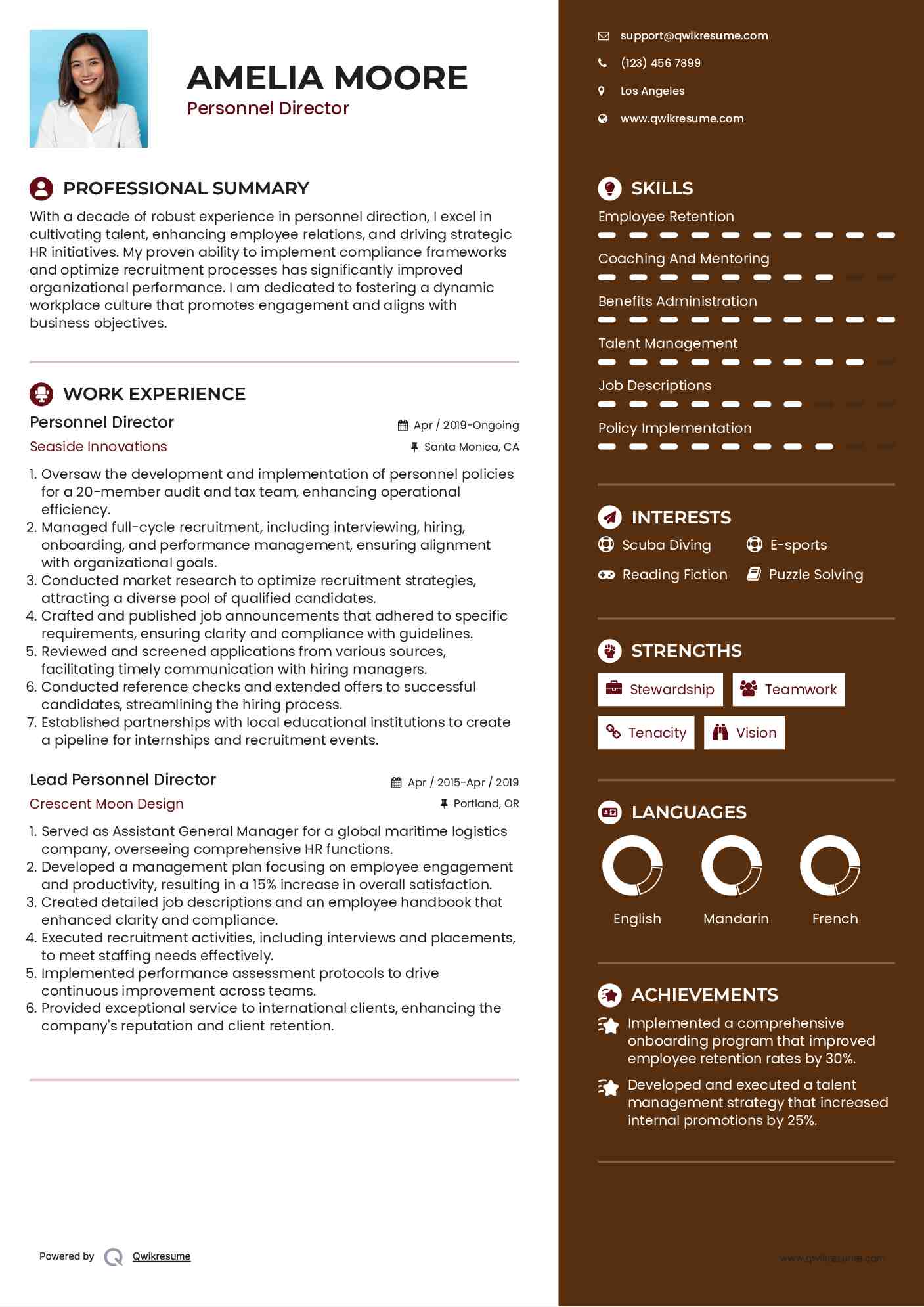 Personnel Director Resume Example