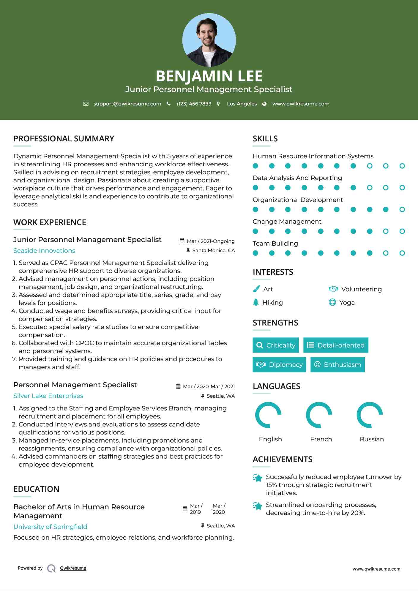 Junior Personnel Management Specialist Resume Model