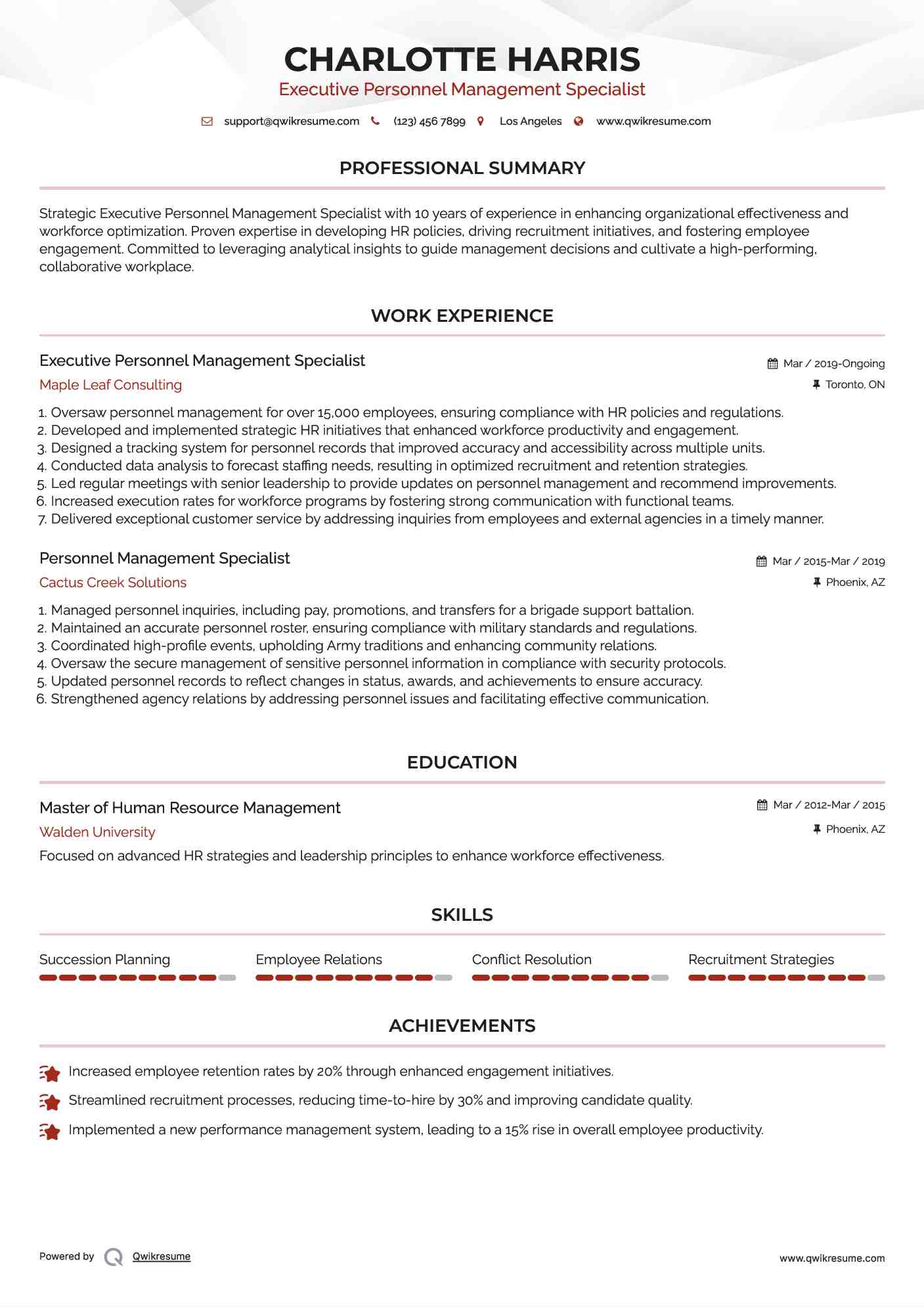 Executive Personnel Management Specialist Resume Model