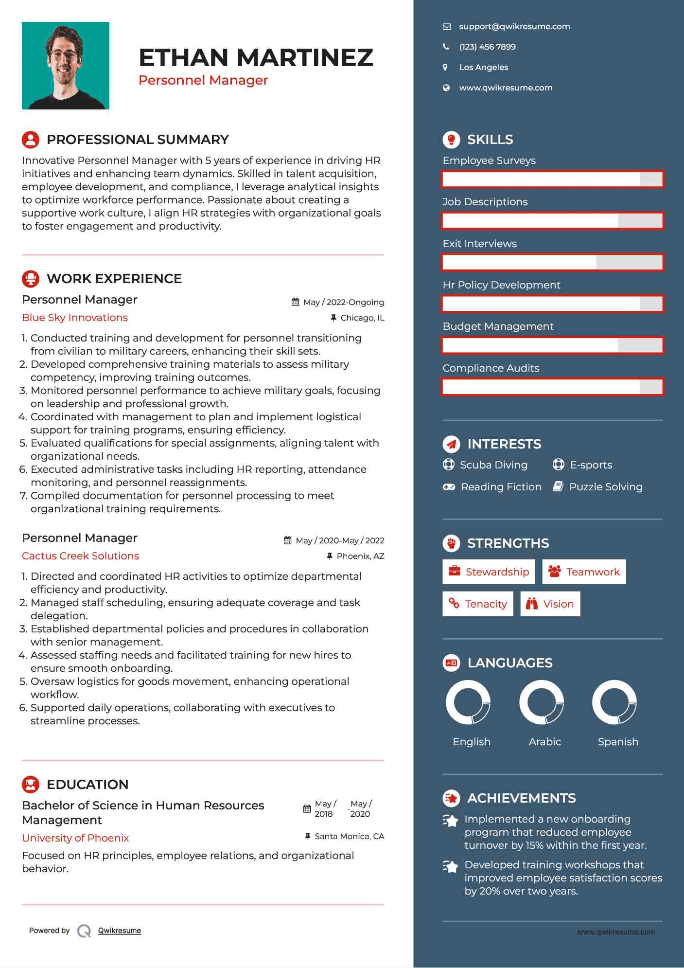 Personnel Manager Resume Example