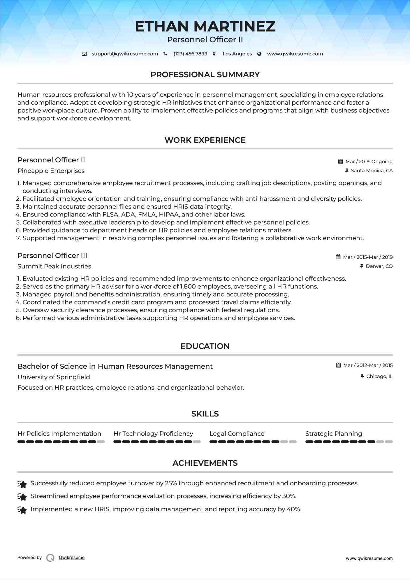 Personnel Officer II Resume Model