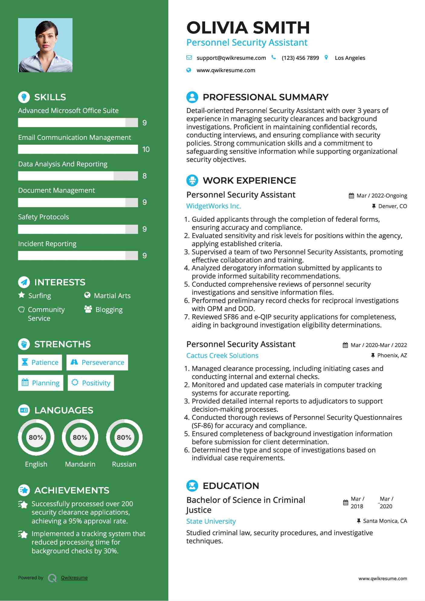 Personnel Security Assistant Resume Example