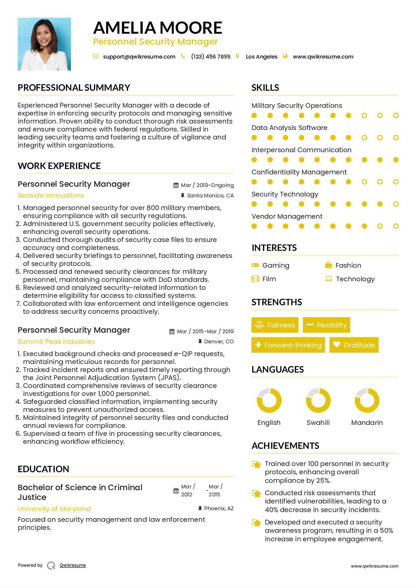Personnel Security Manager Resume Template