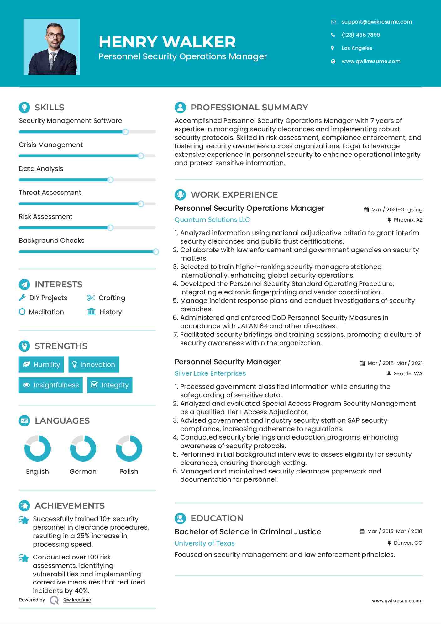 Personnel Security Operations Manager Resume Template