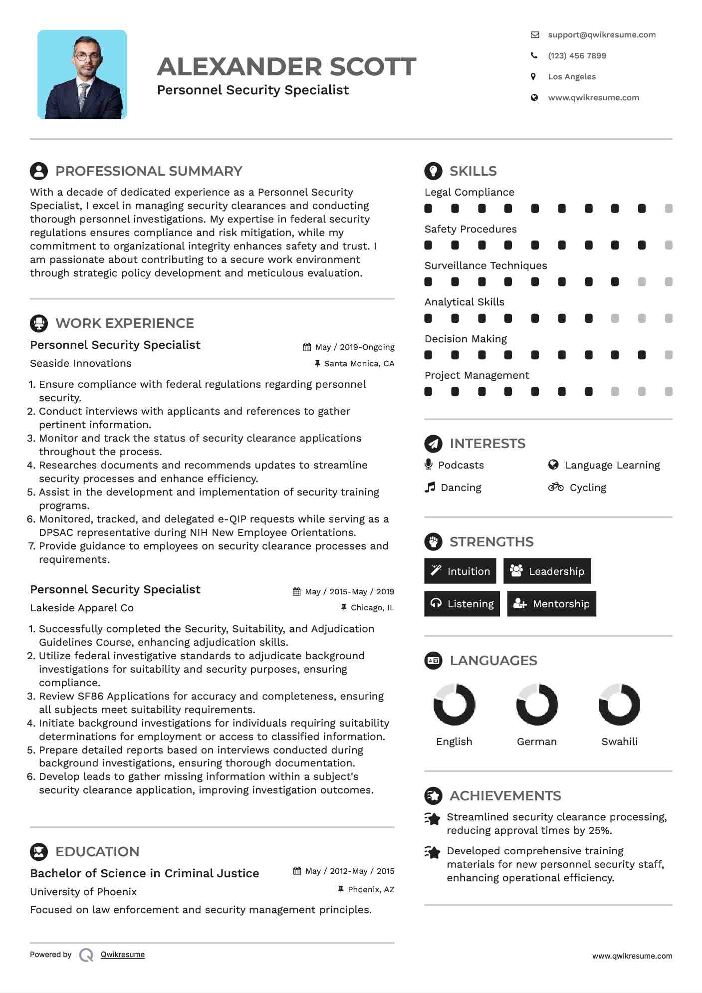 Personnel Security Specialist Resume Template