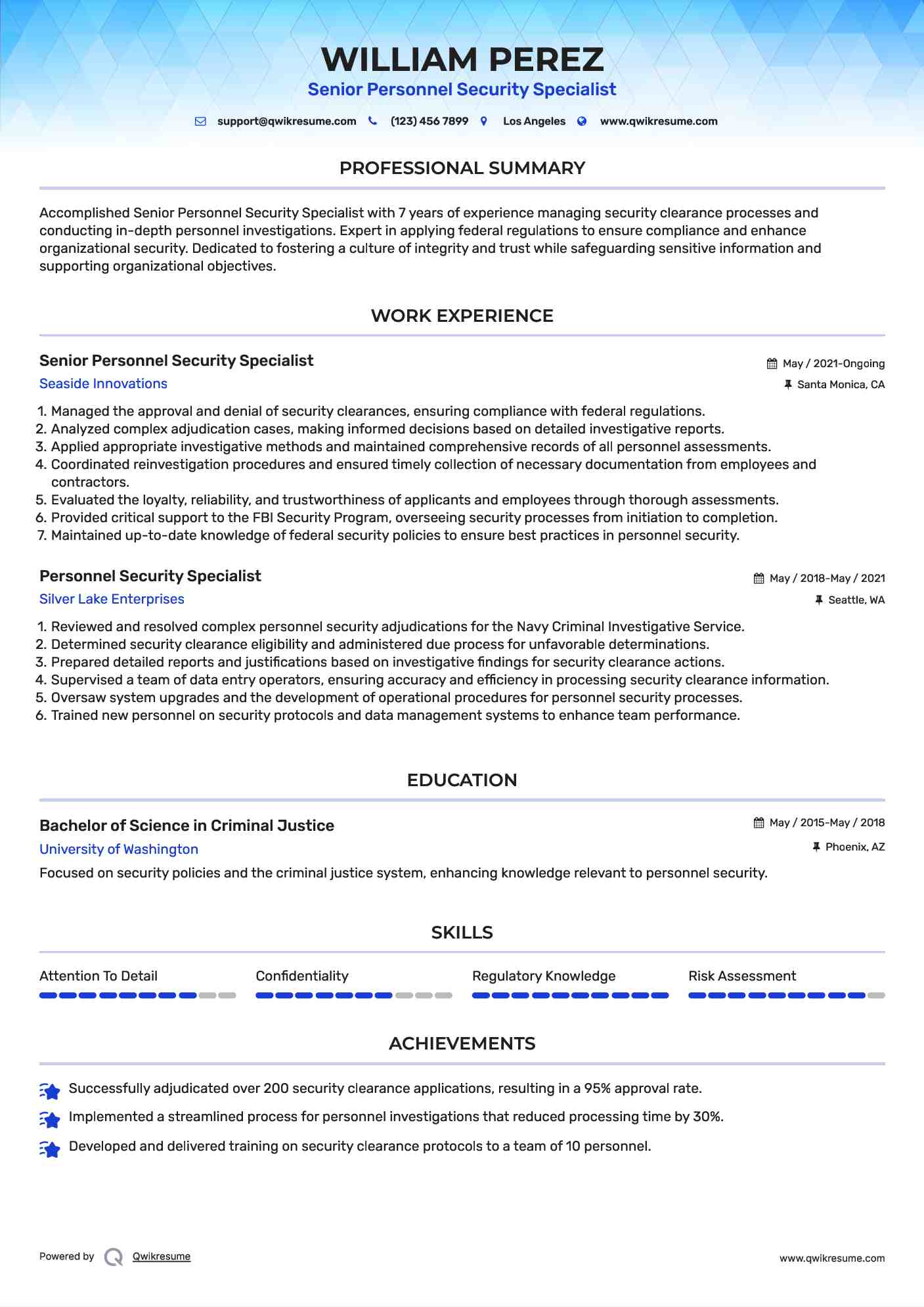 Senior Personnel Security Specialist  Resume Model