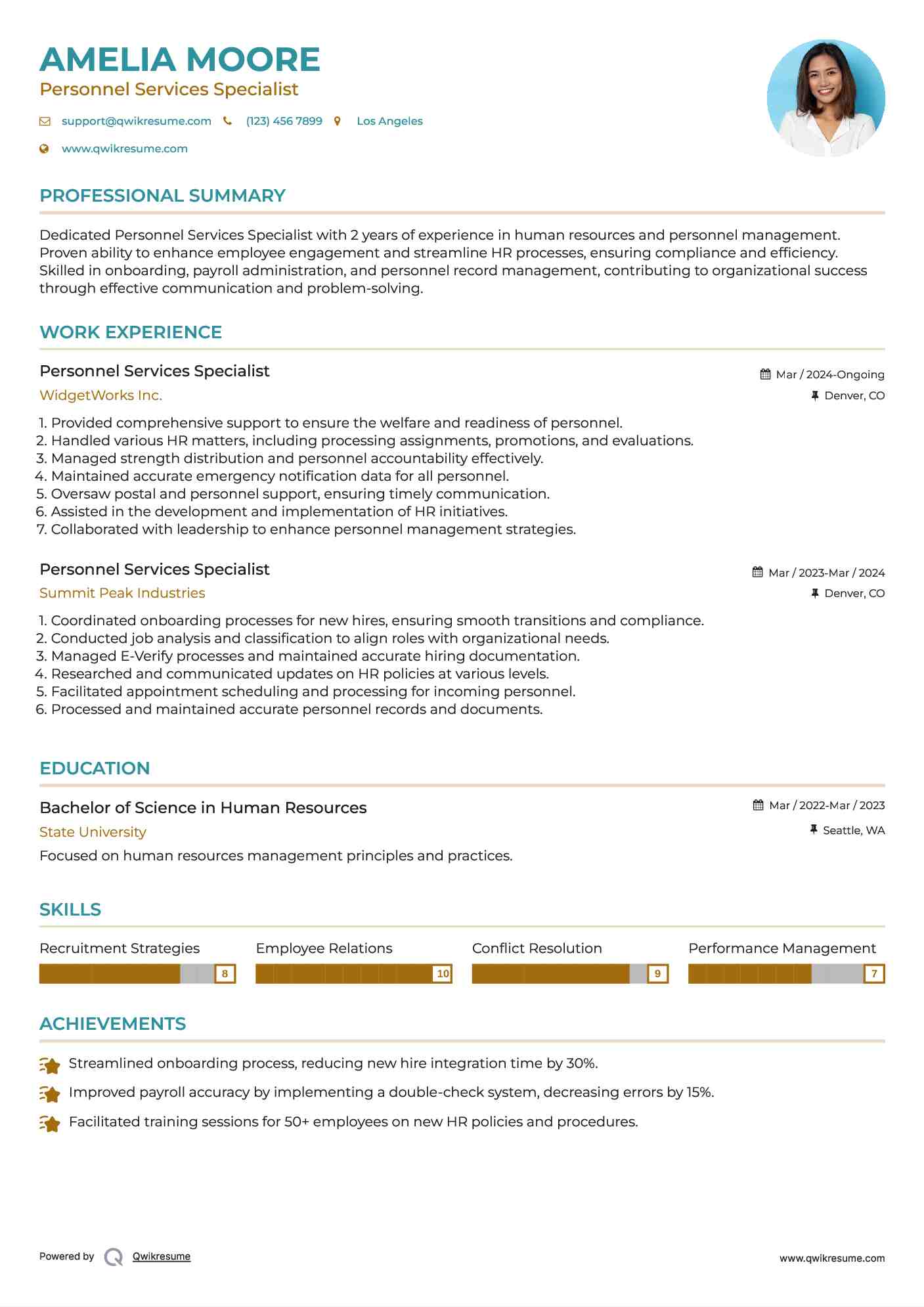 Personnel Services Specialist Resume Sample