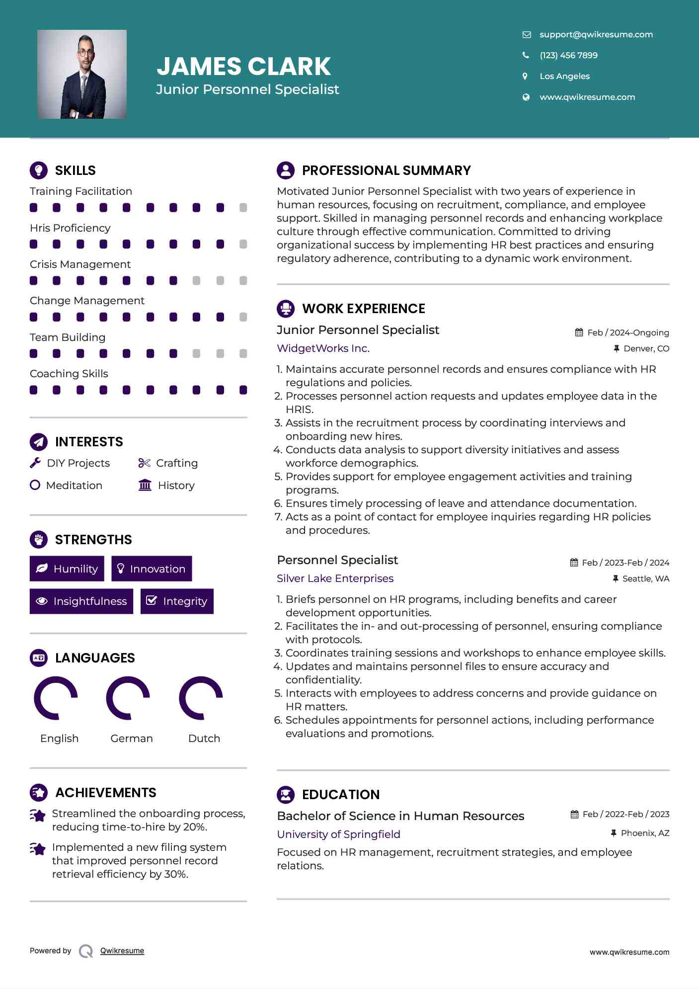Junior Personnel Specialist Resume Template