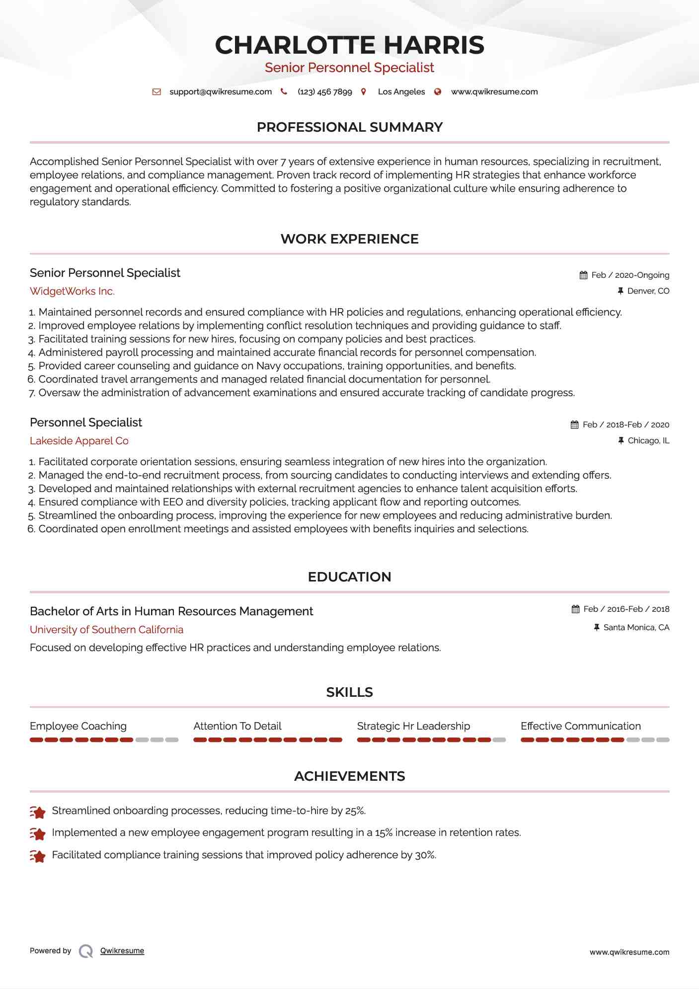 Senior Personnel Specialist  Resume Format