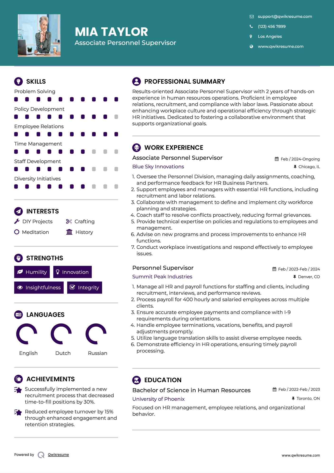 Associate Personnel Supervisor  Resume Example