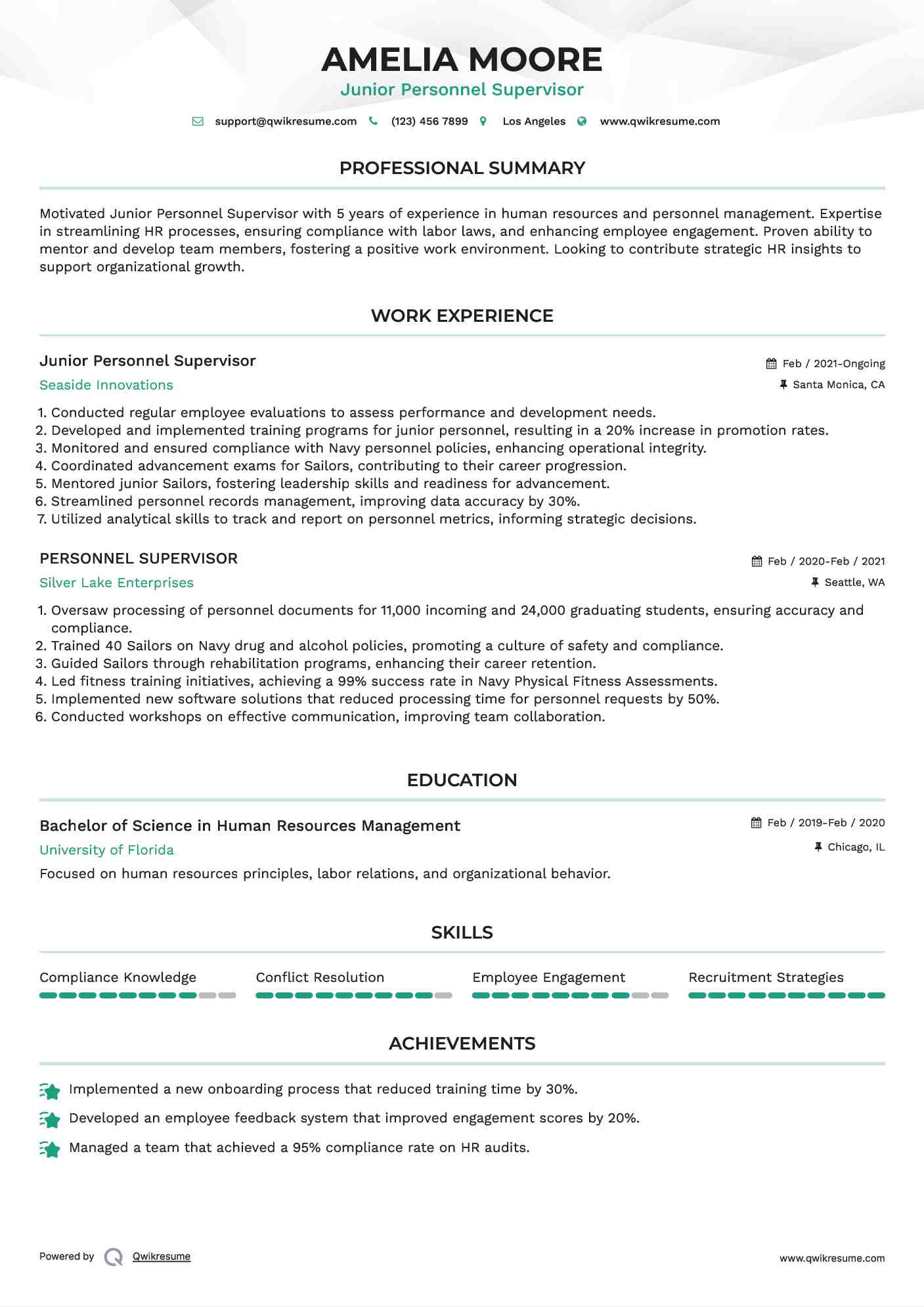Junior Personnel Supervisor  Resume Model