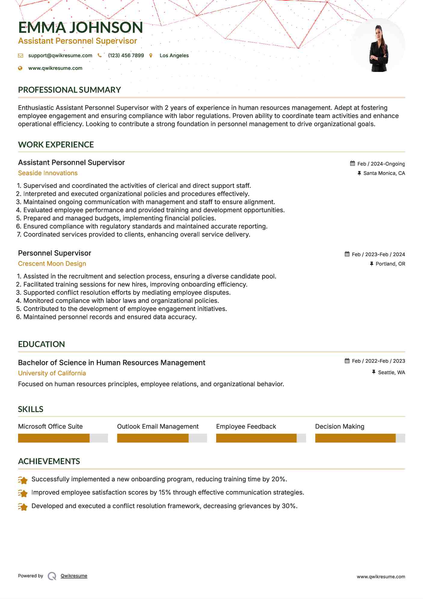 Assistant Personnel Supervisor  Resume Model