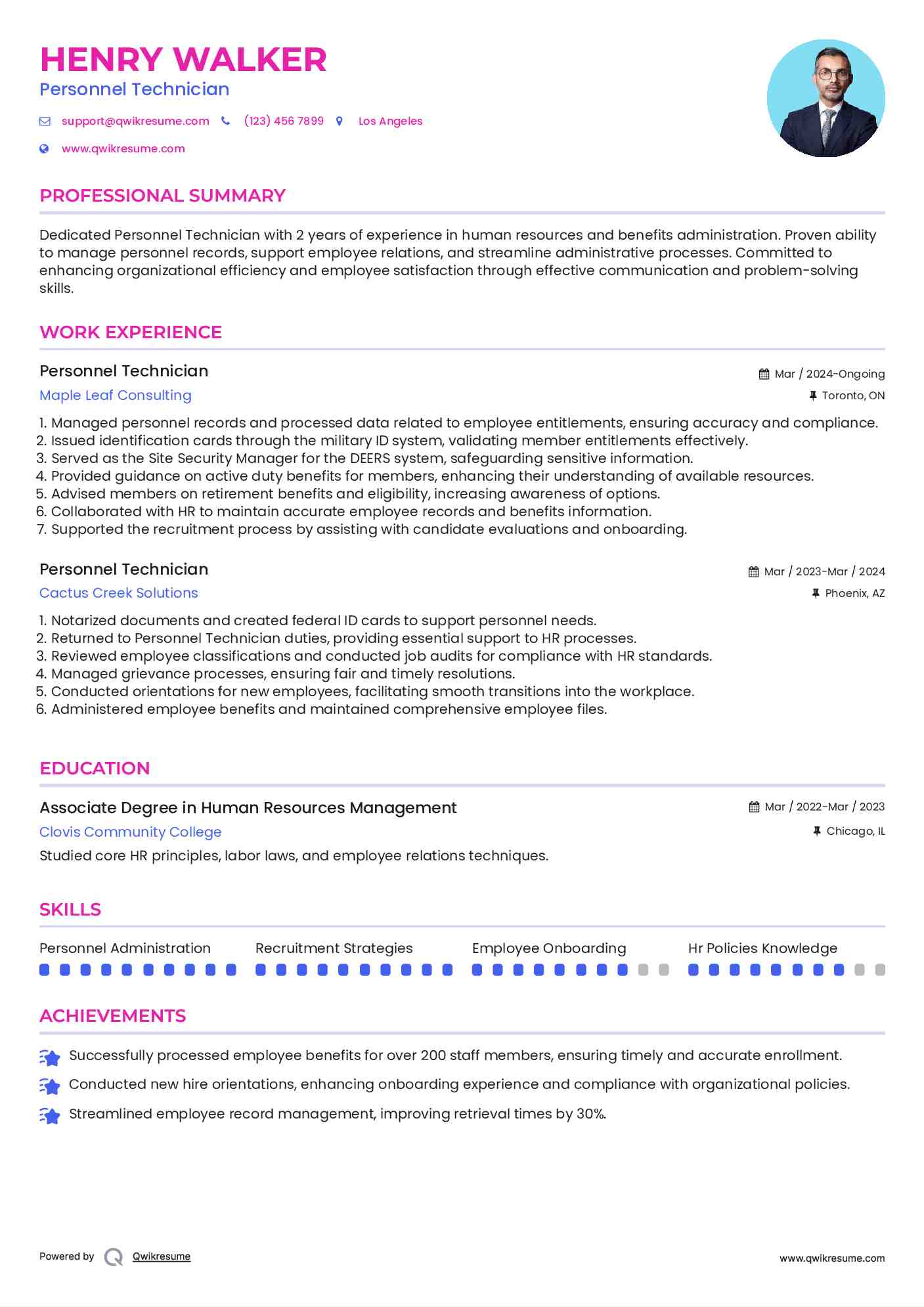Personnel Technician Resume Sample