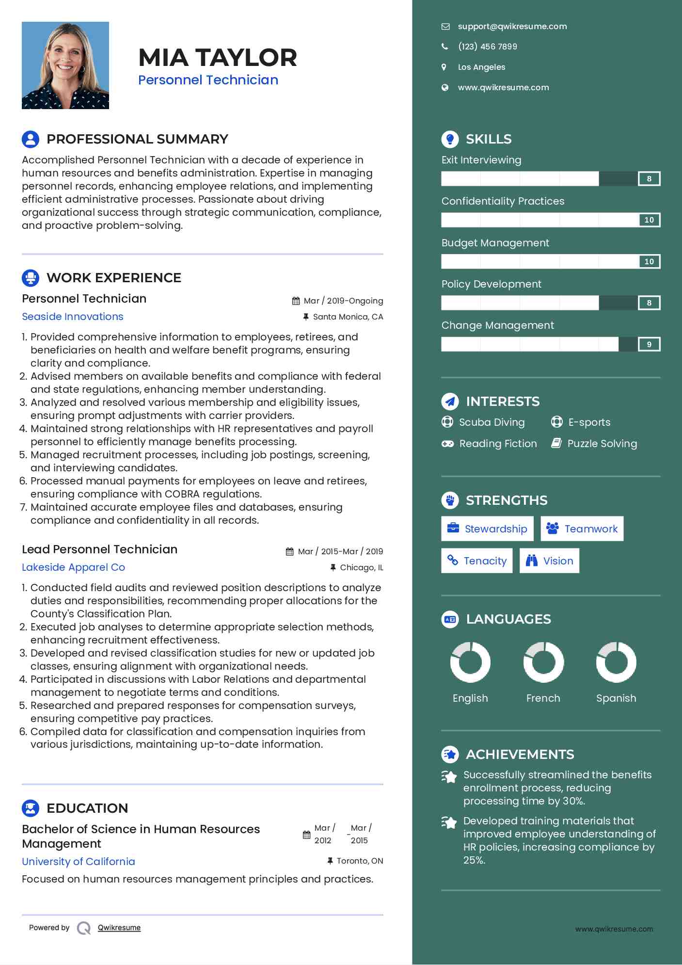 Personnel Technician Resume Sample