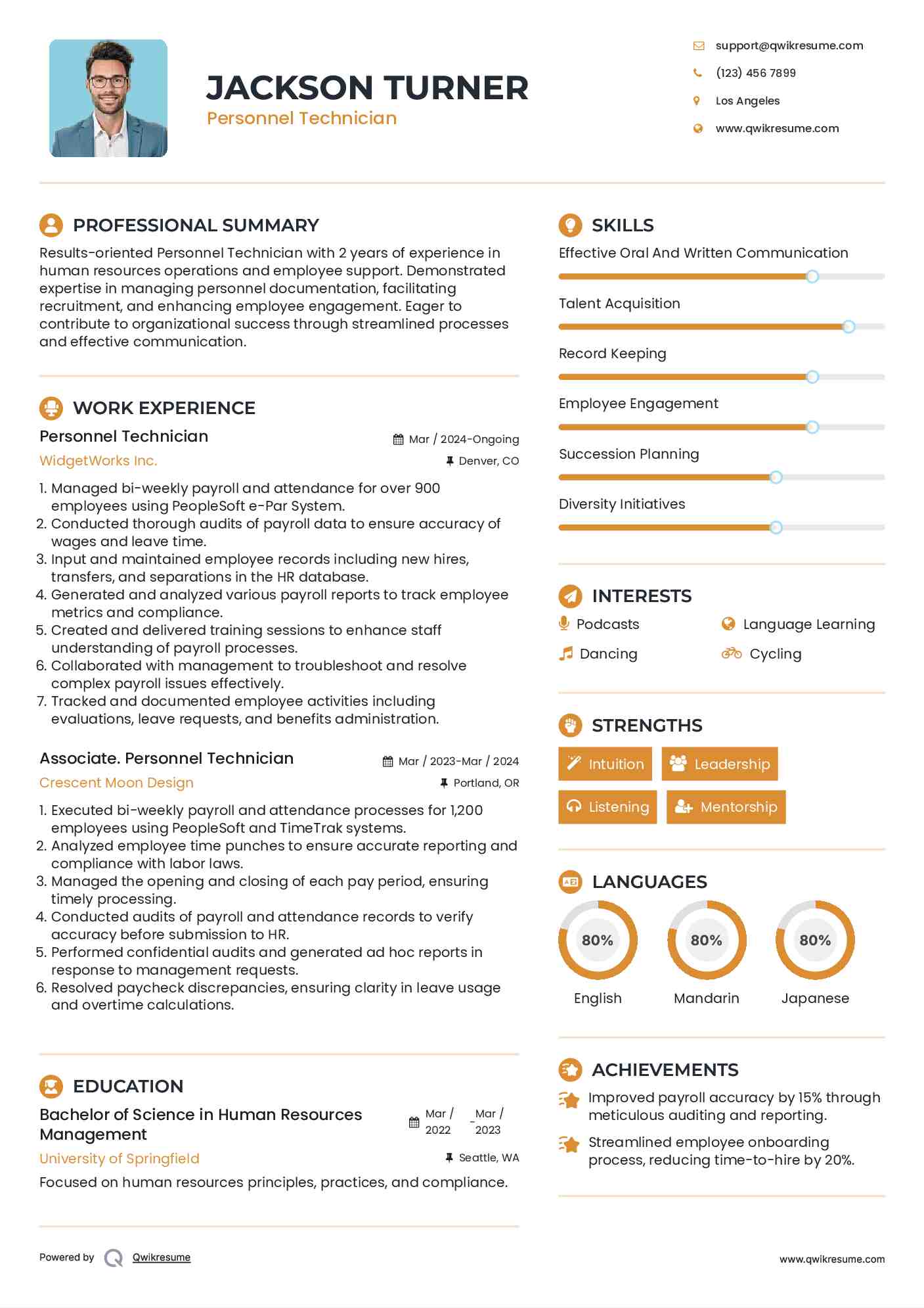 Personnel Technician Resume Template