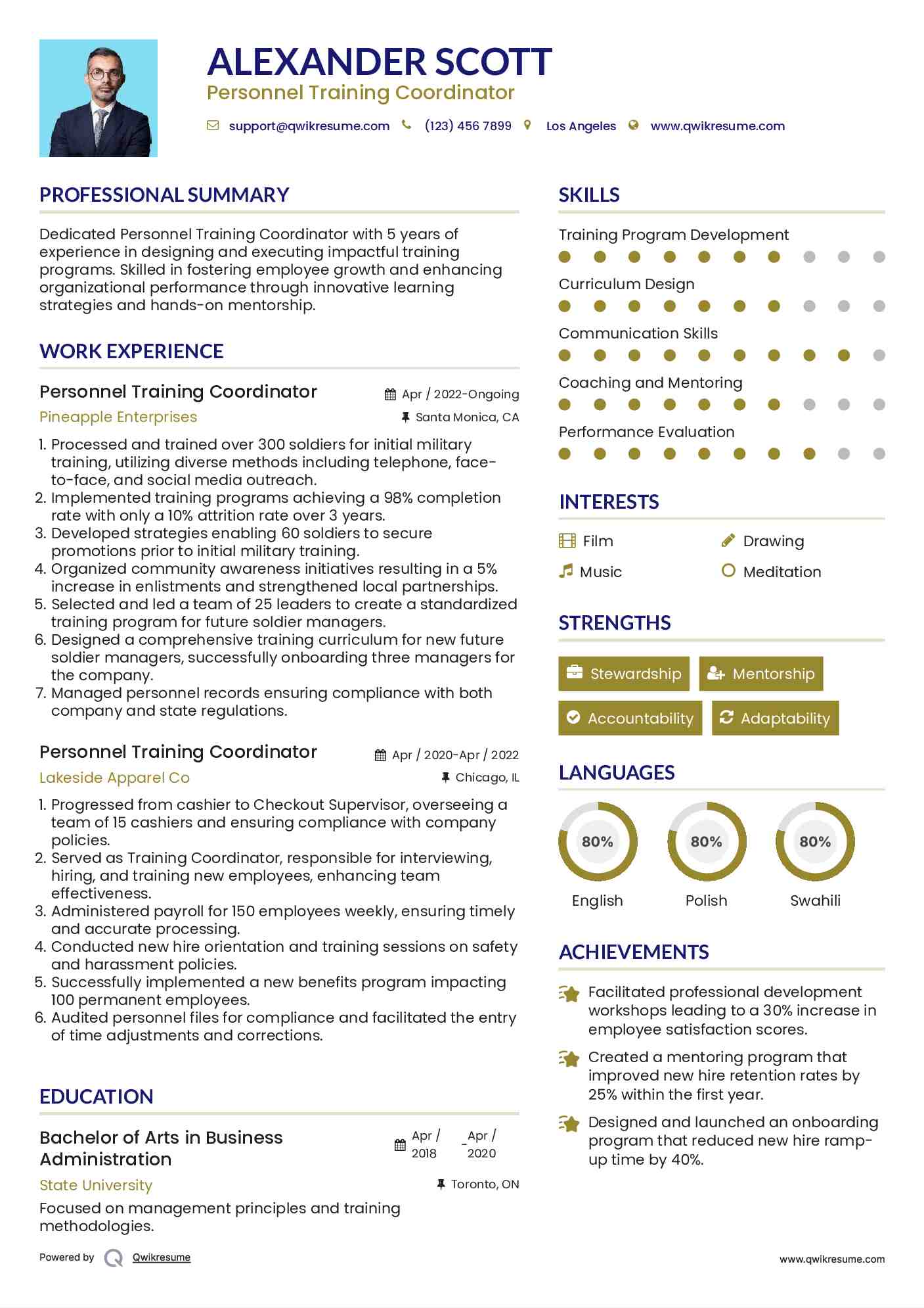 Personnel Training Coordinator Resume Template