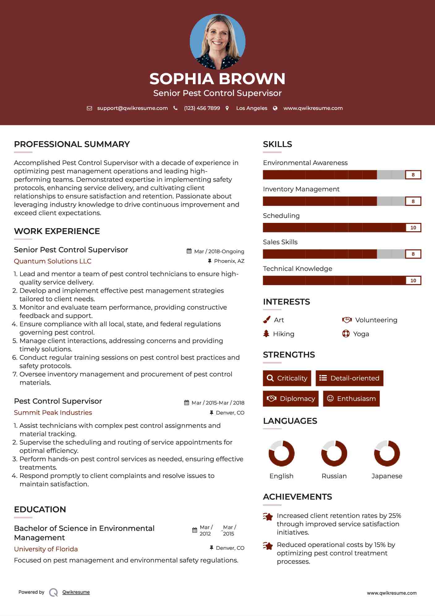 Senior Pest Control Supervisor Resume Sample