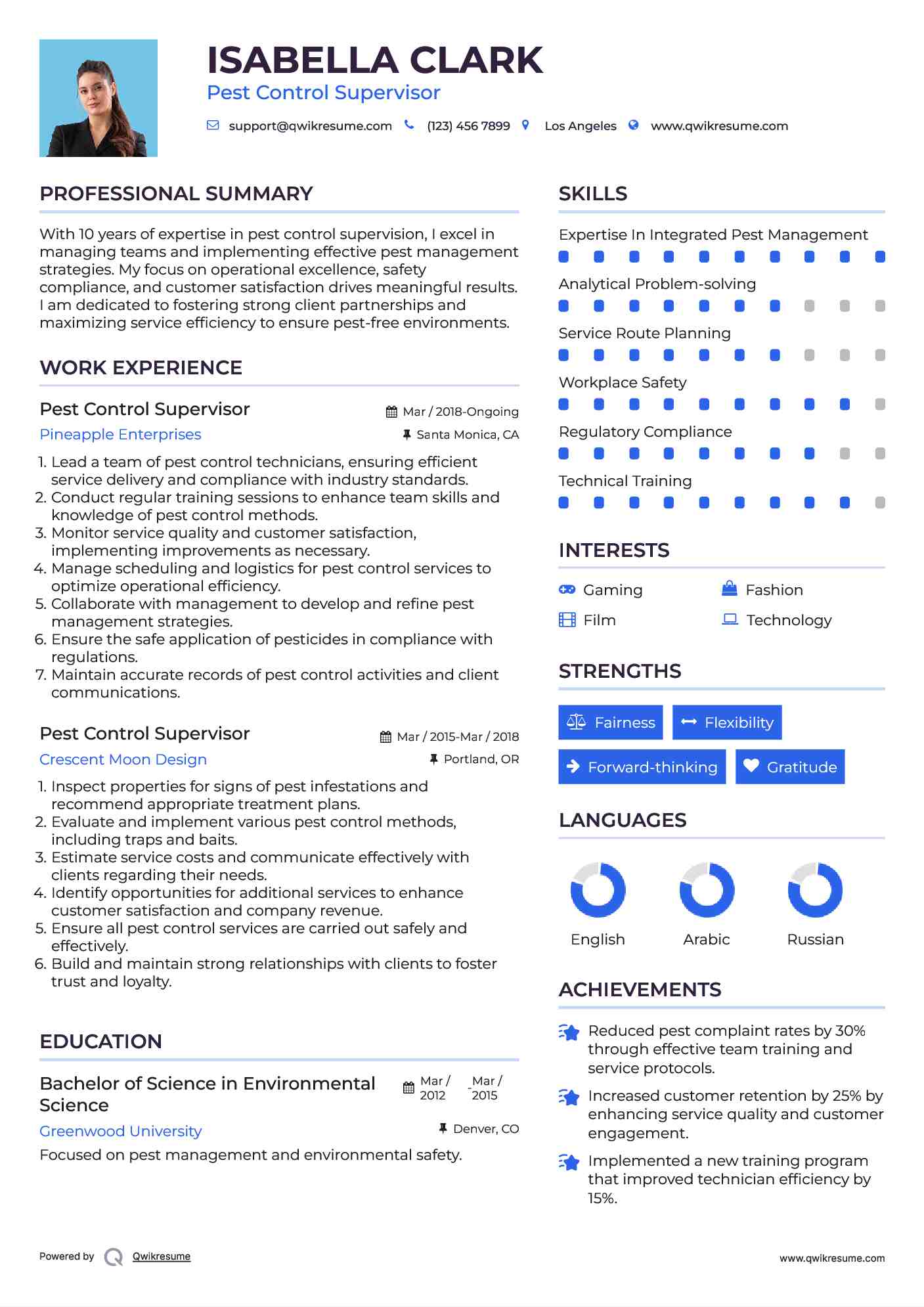 Pest Control Supervisor Resume Template