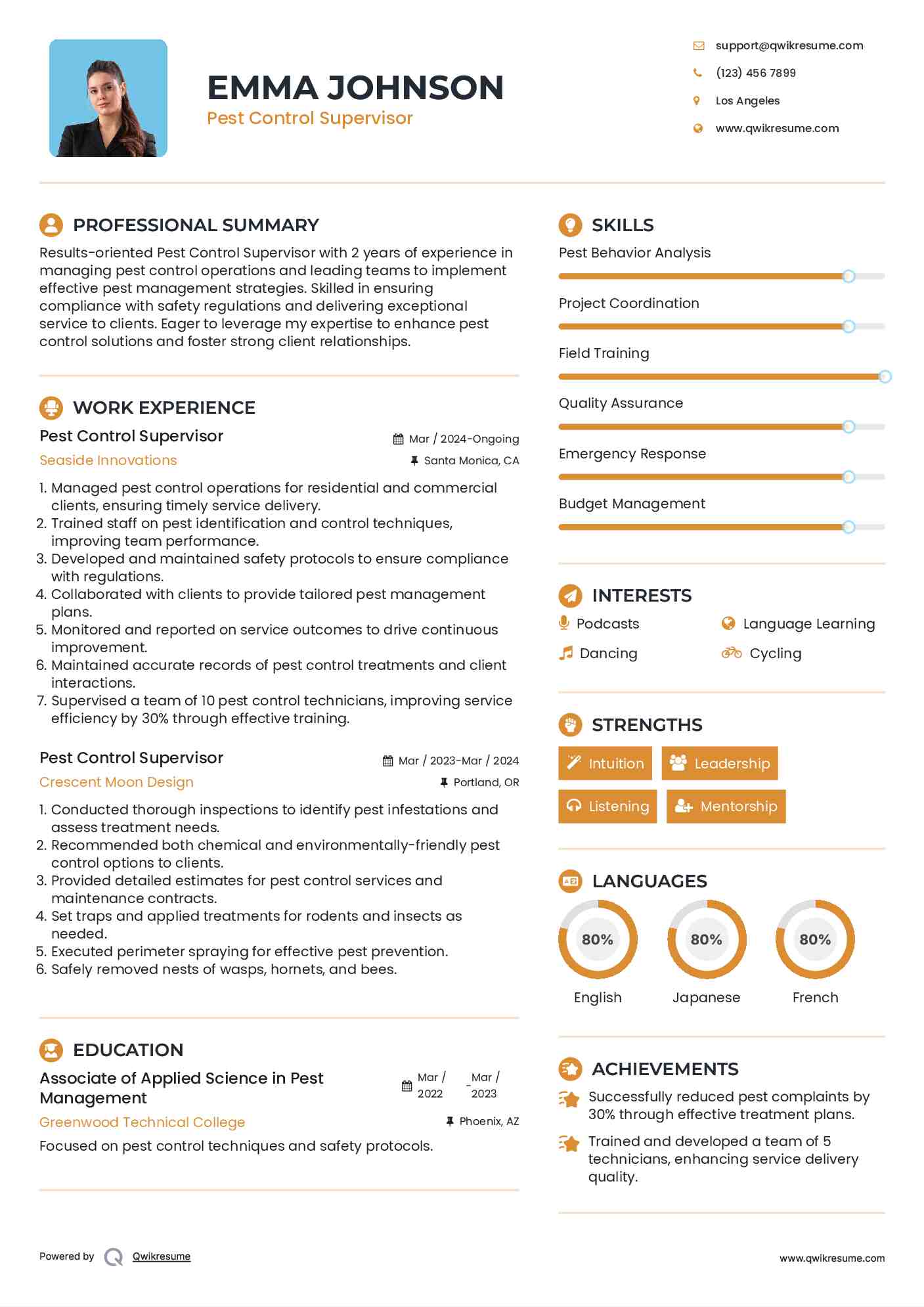 Pest Control Supervisor Resume Example