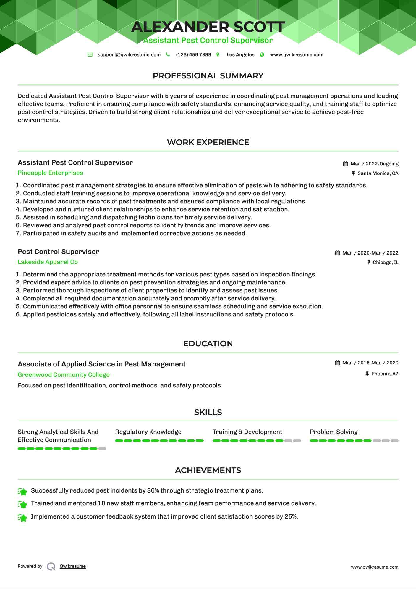 Assistant Pest Control Supervisor Resume Template