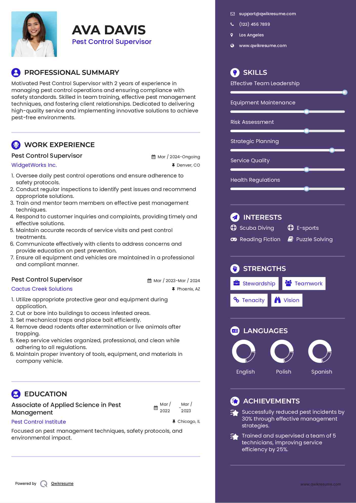 Pest Control Supervisor Resume Template