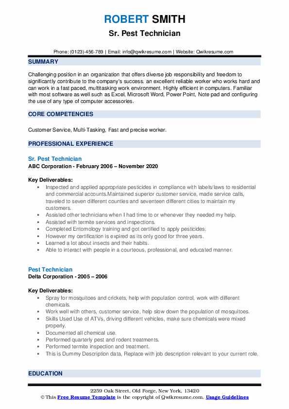 Pest Technician Resume Samples QwikResume