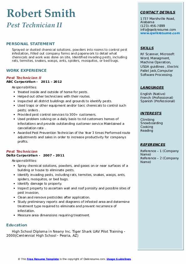 Pest Technician Resume Samples | QwikResume