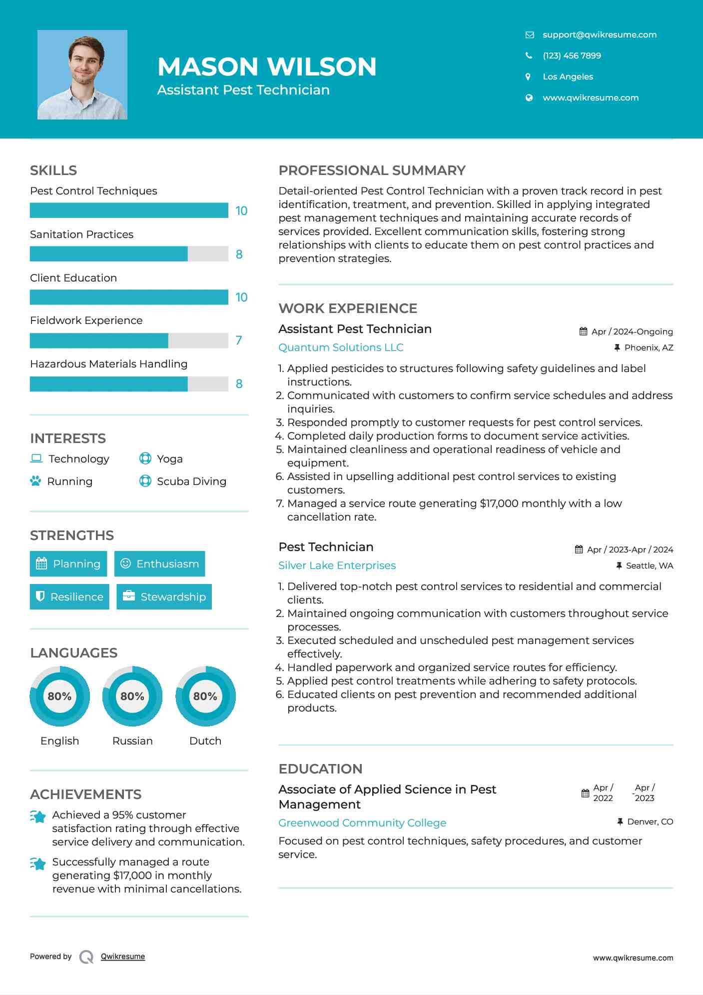 Assistant Pest Technician Resume Example