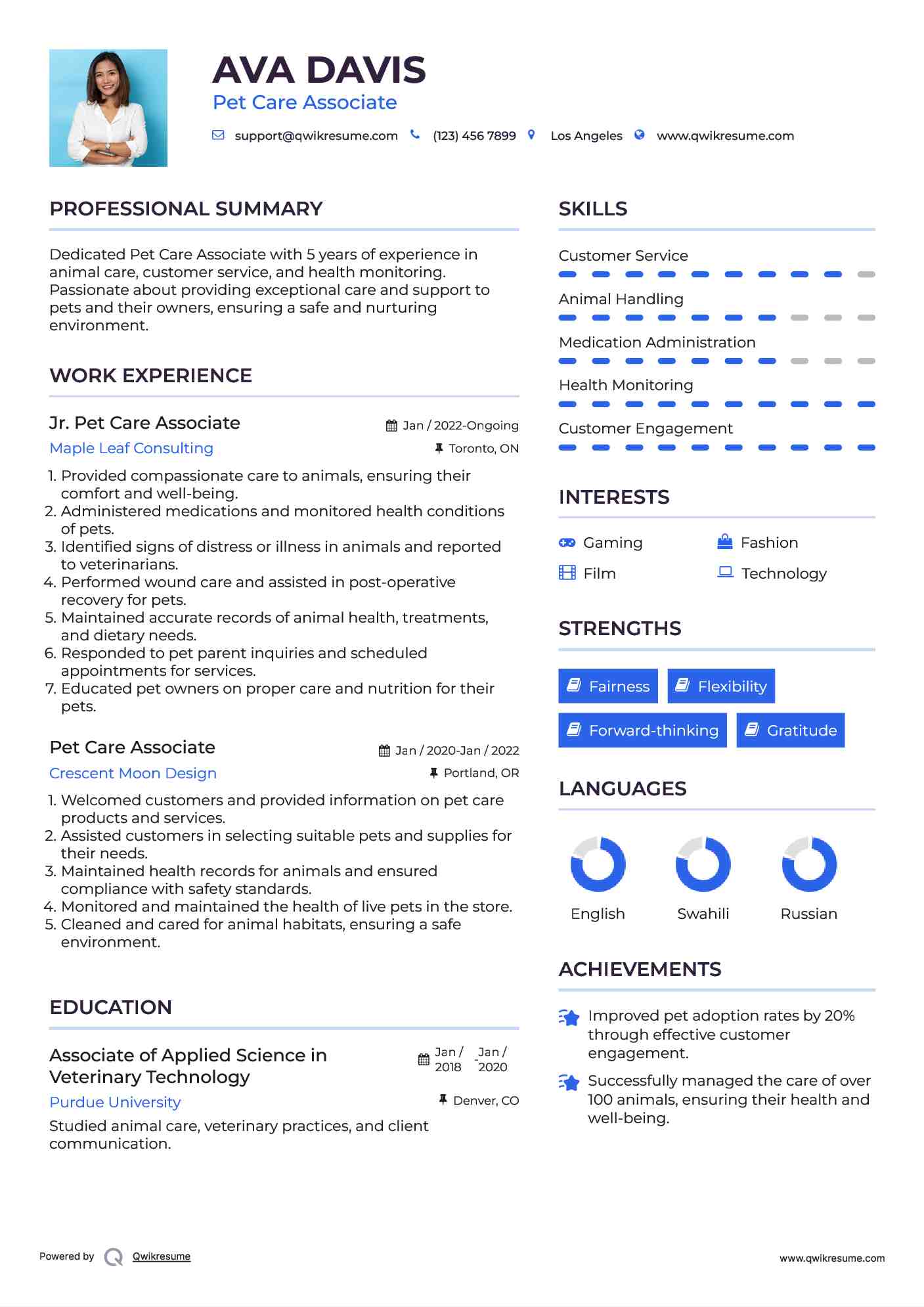 Jr. Pet Care Associate Resume Model